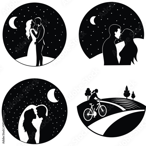 Silhouetted Lovers Under Starry Night Sky And Couple Biking In Nature