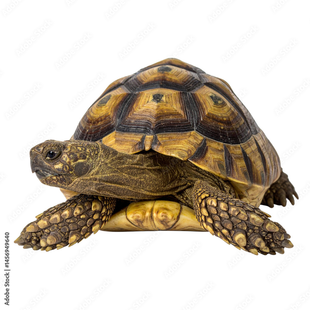 A tortoise with a patterned, dome-shaped shell and scaled legs is shown crawling forward. A tortoise with a patterned, dome-shaped shell and scaled legs is shown crawling forward.