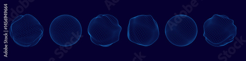 Dot sphere. 3D line tech globe. Polygon data pattern world or mesh digital structure. Global futuristic shapes. Molecule curve form. Minimal wavy ball. Bubble model. Vector isolated set