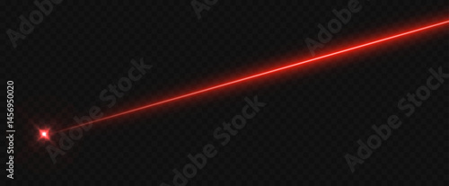 Neon red laser line isolated on black. Bright horizontal beam with flare, glow, and energy burst effect. Futuristic spotlight or medical laser concept.
