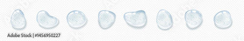 Gel drop. Liquid water. Serum splash or 3D transparent droplet. Collagen skin care. Moisture clear ball. Fluid structure. Hydrating molecule. Chemical essence. Vector render wet blobs set