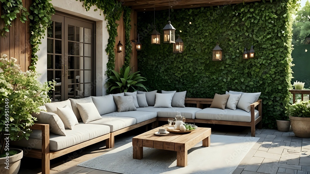 Obraz premium Serene outdoor patio scene with wooden furniture, lush greenery, and hanging lanterns. Perfect for relaxation and luxury living.