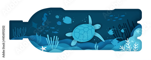 Ocean world. Paper sea water. 3D papercut layers. Whale and turtle. Plastic bottle for environment conservation. Clean nature. Swimming fish and stingray. Marine seabed. Vector background