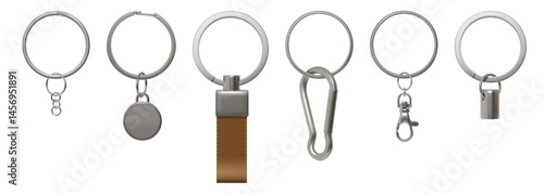 3D keychains. Metal ring for keys. Silver keyholder. Privacy protection. Realistic keyring with leather pendant. Stainless steel accessory. Carbine trinket. Door openers vector set