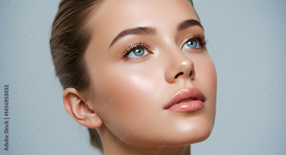 Close Up Portrait of a Fair Skinned Young Woman with Glossy Makeup and Blue Eyes Looking Up on Light Background Close Up Portrait of a Fair Skinned Young Woman with Glossy Makeup and Blue Eyes Looking Up on Light Background