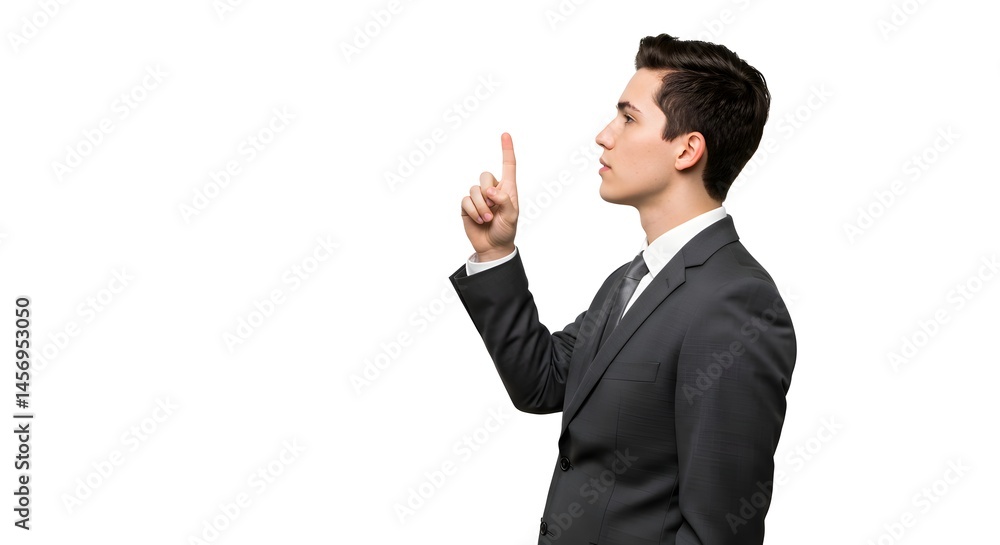 A young businessman points upwards, showcasing focus and direction in a professional attire. A young businessman points upwards, showcasing focus and direction in a professional attire.