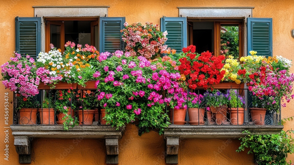 Fototapeta premium Balcony with vibrant blooming flowers in clay pots