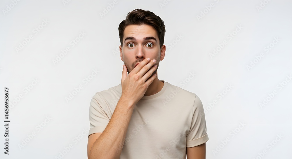 A young man looks stunned, covering his mouth with his hand against a white background. A young man looks stunned, covering his mouth with his hand against a white background.