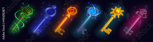 Keychain. Key chain ring, metal keyring mockup or 3d silver keyholder. Circle trinket holder. Magic door opener, games isolated elements. Medieval glossy render vector realistic template