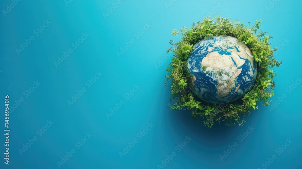 Fototapeta premium Earth globe overgrown with weeds symbolizing environmental neglect, set against a clean blue background.