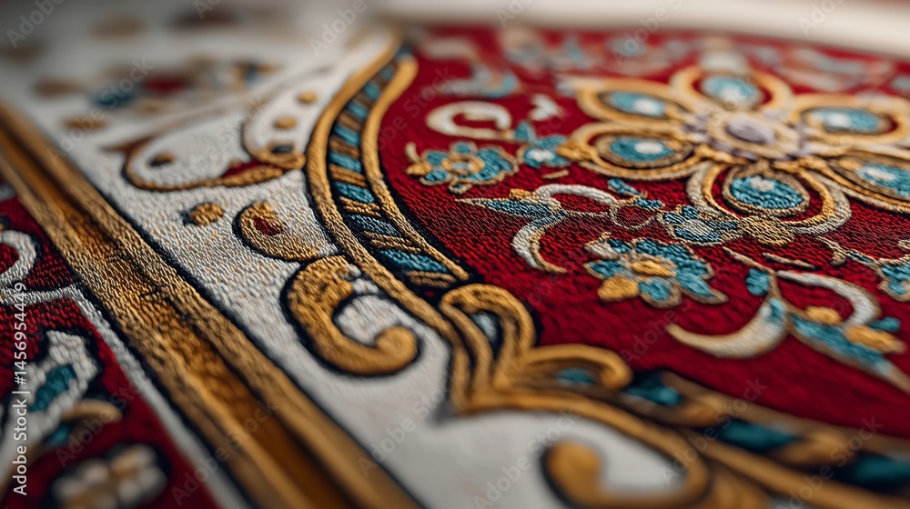 Exquisite Tapestry of Patterns: A close-up view of a rich, ornately patterned tapestry with a captivating mix of colors and textures. Exquisite Tapestry of Patterns: A close-up view of a rich, ornately patterned tapestry with a captivating mix of colors and textures.
