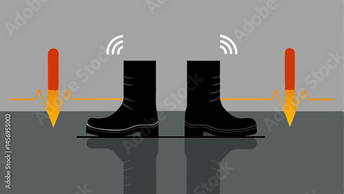 Footsteps Echoing An illustration showing a pair of boots walking on the concrete floor with sound waves or lines representing the echo in the quiet atmosphere of the prison.
