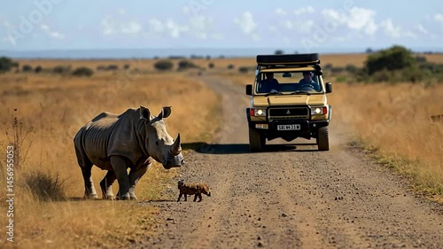 Rhino with calf meets SUV on dirt road