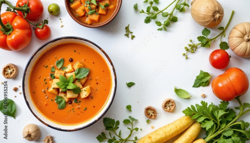 fresh soup arranged in the bottom left corner on a white background, in a simple food photography style, with soft lighting softness, clear empty areas, high resolution fresh soup arranged in the bottom left corner on a white background, in a simple food photography style, with soft lighting softness, clear empty areas, high resolution