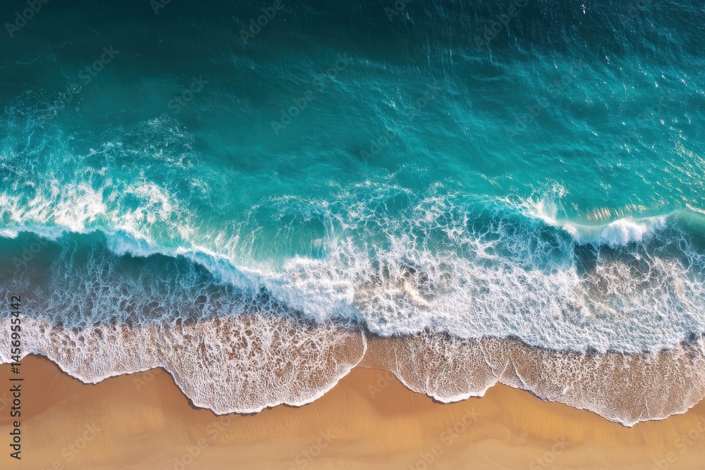 Serene Coastal Retreat: Aerial View of Lapping Ocean Waves on Sandy Beach for Perfect Holiday Vibes Serene Coastal Retreat: Aerial View of Lapping Ocean Waves on Sandy Beach for Perfect Holiday Vibes