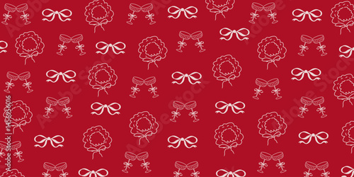 Christmas seamless pattern with coquette hand drawn wine glasses, holiday ribbons, and wreaths. Festive vector design for wrapping paper, invitations, greeting card and wallpaper design.