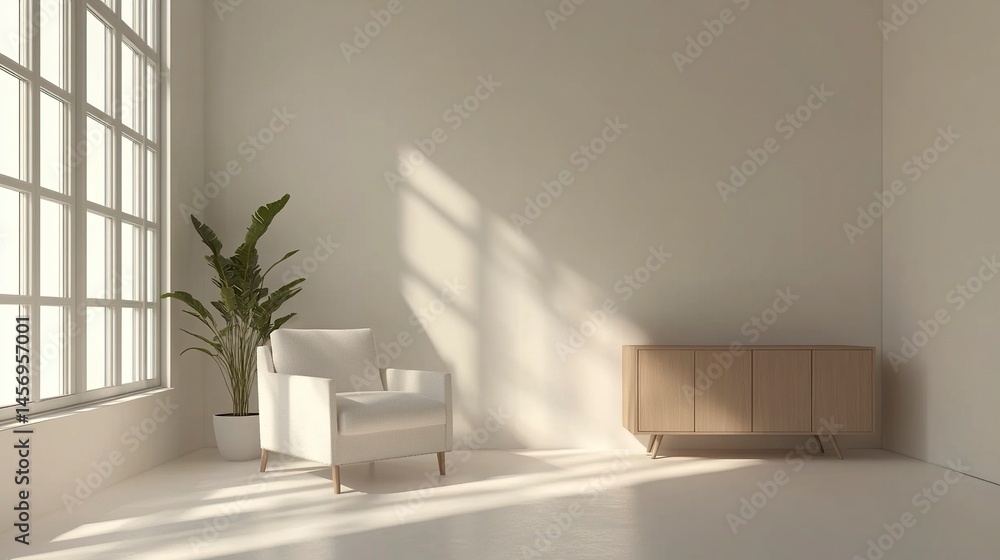 Fototapeta premium 3D rendering of a mockup wall in a white living room interior with an armchair and wooden cabinet, a plant on the side, in a minimalist style. All in focus, with brightness and daylight, 