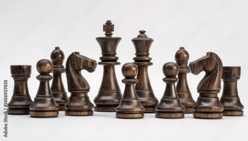 Dark Wooden Chess Pieces Set Up on White Background Dark Wooden Chess Pieces Set Up on White Background