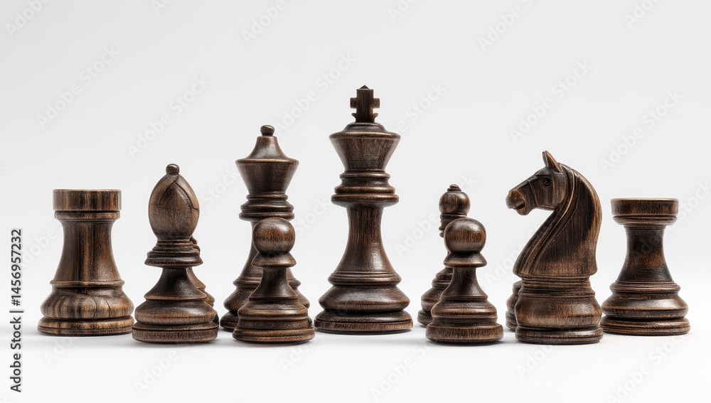Dark Wooden Chess Pieces on White Background Dark Wooden Chess Pieces on White Background
