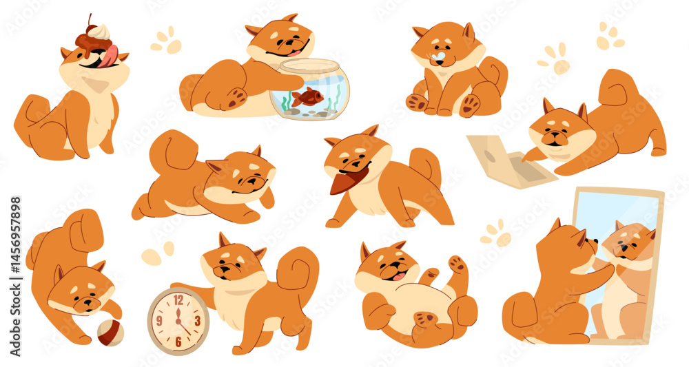 Fototapeta premium Cute dog. Funny puppy pet, animal play characters for happy birthday or business activity, life work concept, japanese breed kawaii shiba animal, funny mascot. Vector cartoon flat set