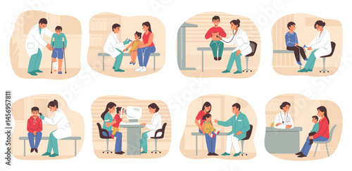 Child doctor. Kid at hospital medic clinic, baby patient visit pediatrician for check. Paediatric, physician healthcare, little patient examination in hospital. Cartoon isolated vector set