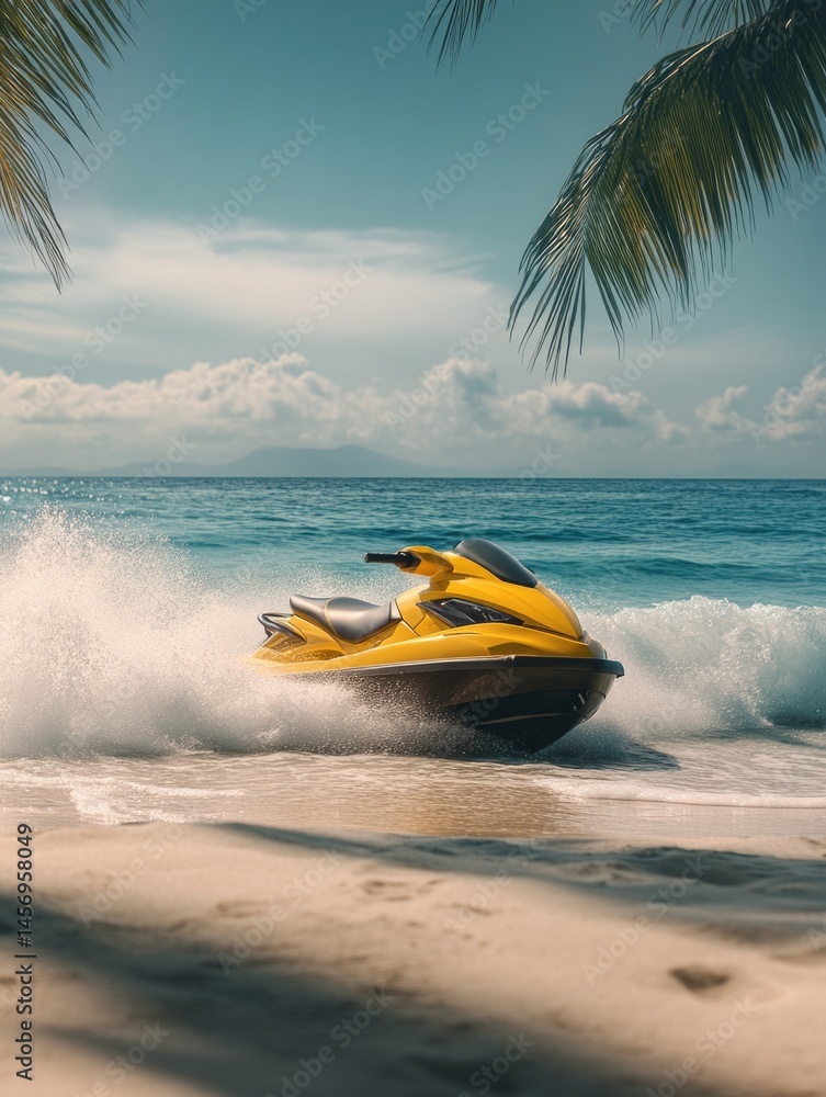 Fototapeta premium A thrilling jet ski adventure on a sunny beach with blue ocean water
