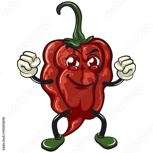character mascot of a carolina reaper chili cartoon vector isolated clip art illustration clenching both hands, work of hand drawn