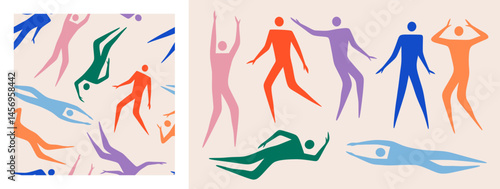 Human body. People dance figure, vintage man and woman art, unisex men print. Diverse, freedom fashion texture. Textile, wrapping paper, wallpaper. Print for fabric. Vector pattern