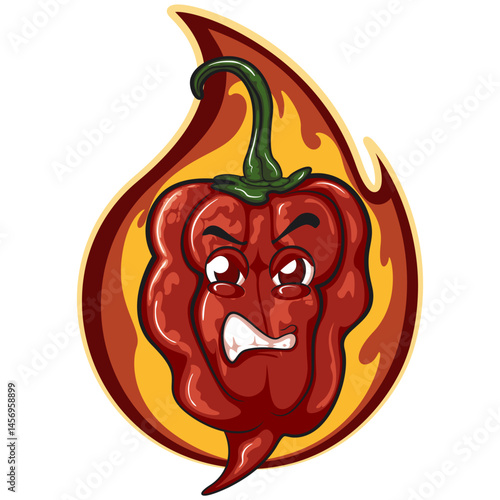 character mascot of a carolina reaper chili cartoon vector isolated clip art illustration in flame of spicy fire, work of hand drawn
