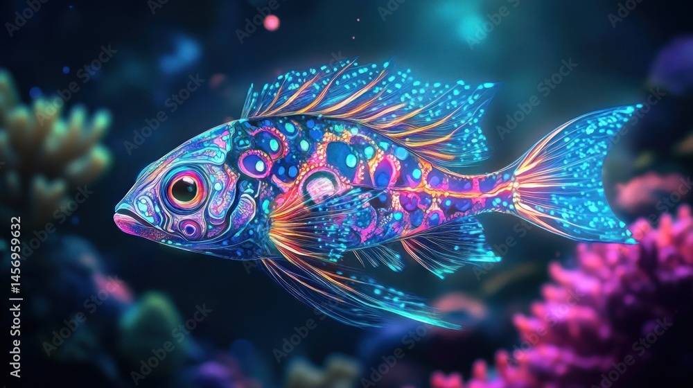 Fototapeta premium Vibrant underwater fish, intricate patterns, glowing scales