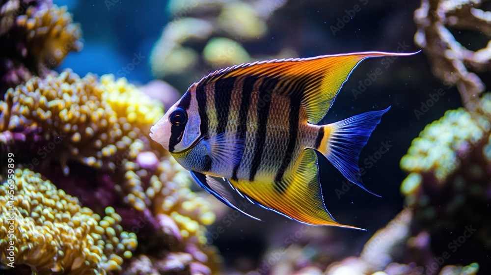 Naklejka premium Vibrant angelfish in coral reef aquarium
