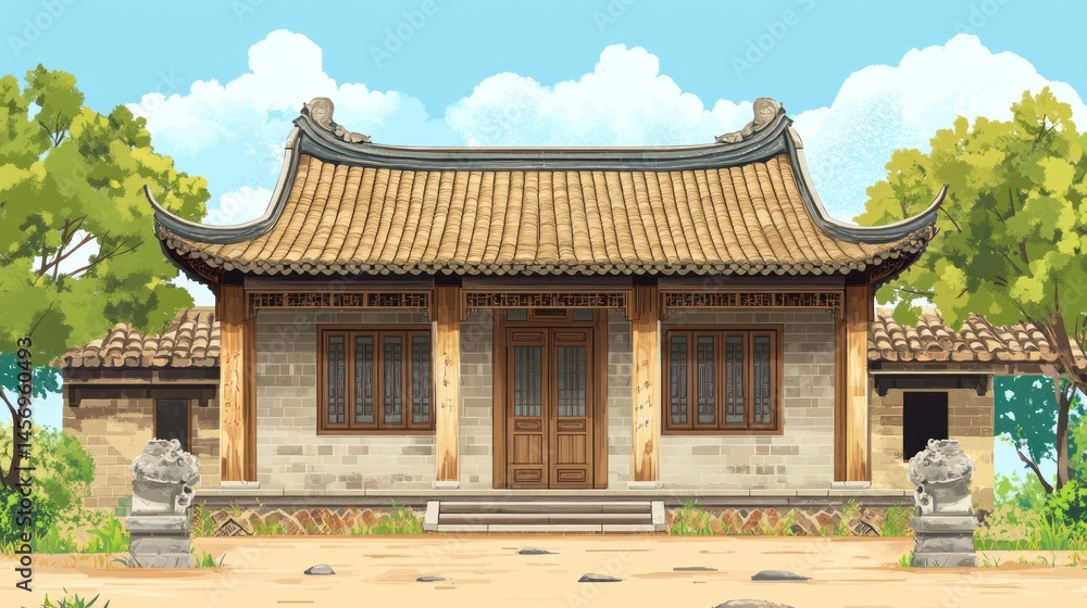 Fototapeta premium Traditional Chinese House in a Peaceful Garden Setting