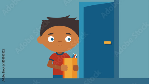 Classroom Door Closed A child peering longingly through the closed door of a classroom while holding work tools highlighting the missed opportunity for learning.
