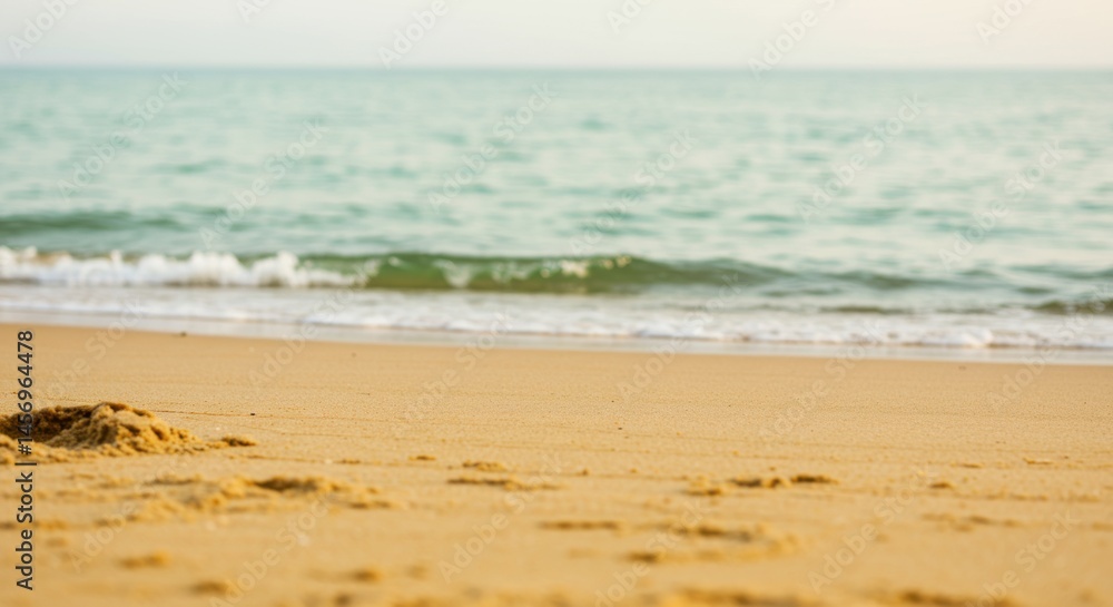 A serene beach scene with gentle waves meeting the sandy shore under a bright and clear sky above it all A serene beach scene with gentle waves meeting the sandy shore under a bright and clear sky above it all