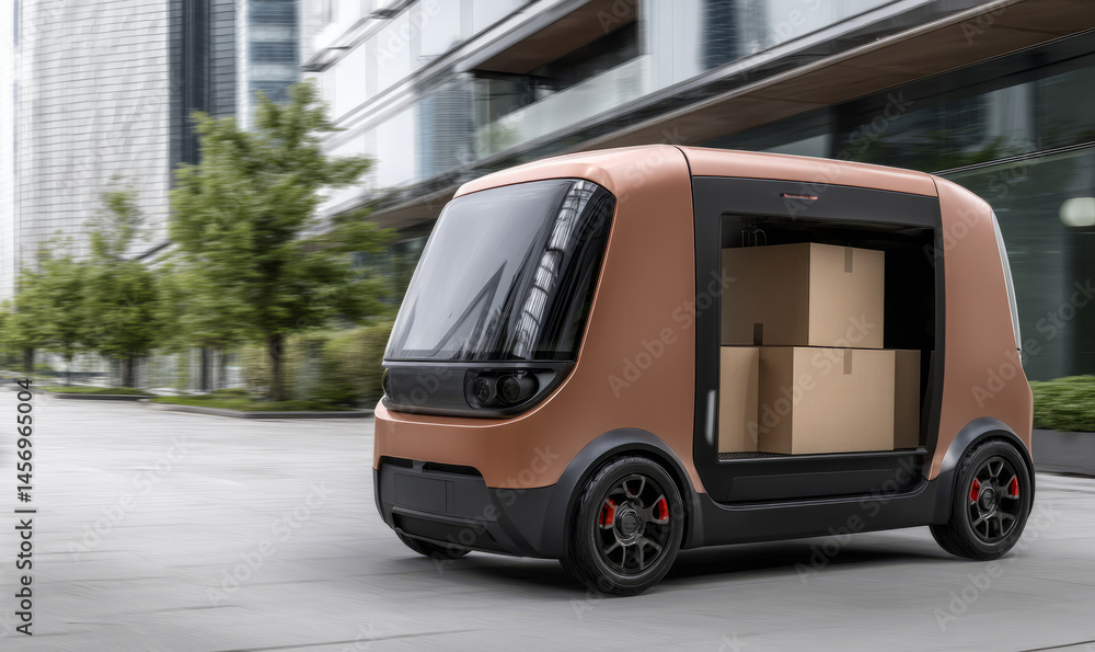 Obraz premium Futuristic Autonomous Delivery Vehicle Showcasing Innovative Design and Smart Technology in Urban Setting