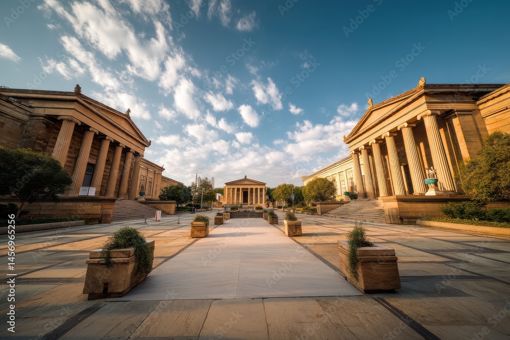 Obraz premium Iconic Philadelphia Art Museum Entrance Amidst Urban Landscape - A Centerpiece of American Architecture and Culture