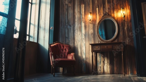 Vintage wooden room with mirror and velvet armchair illuminated by wall lamp light