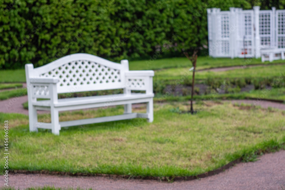 White garden bench in lush green park with pathways and hedges White garden bench in lush green park with pathways and hedges