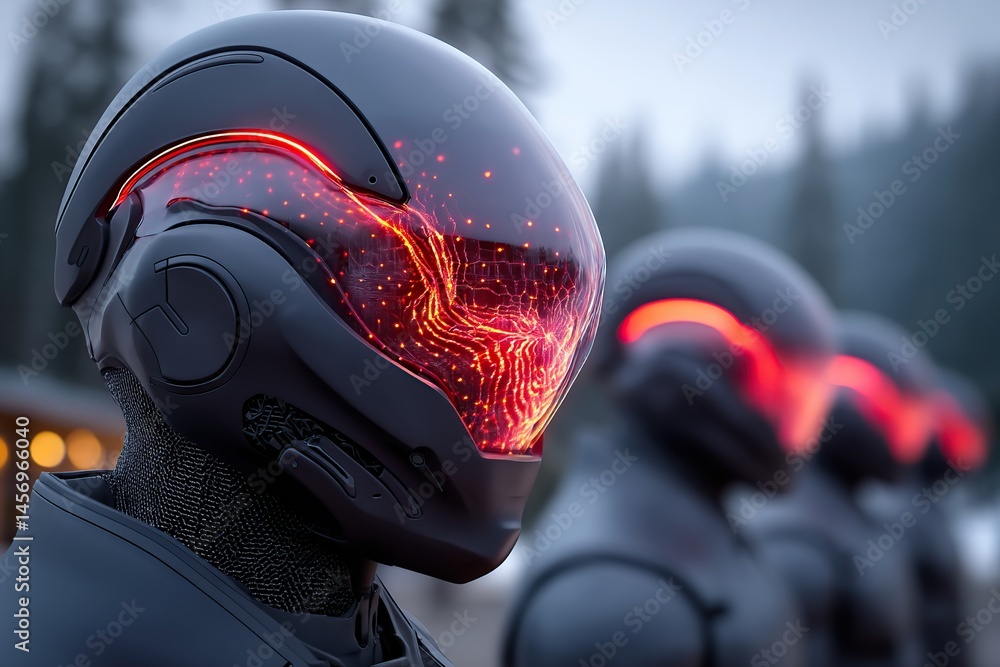 Fototapeta premium Futuristic robots with glowing helmets standing in a forest during twilight