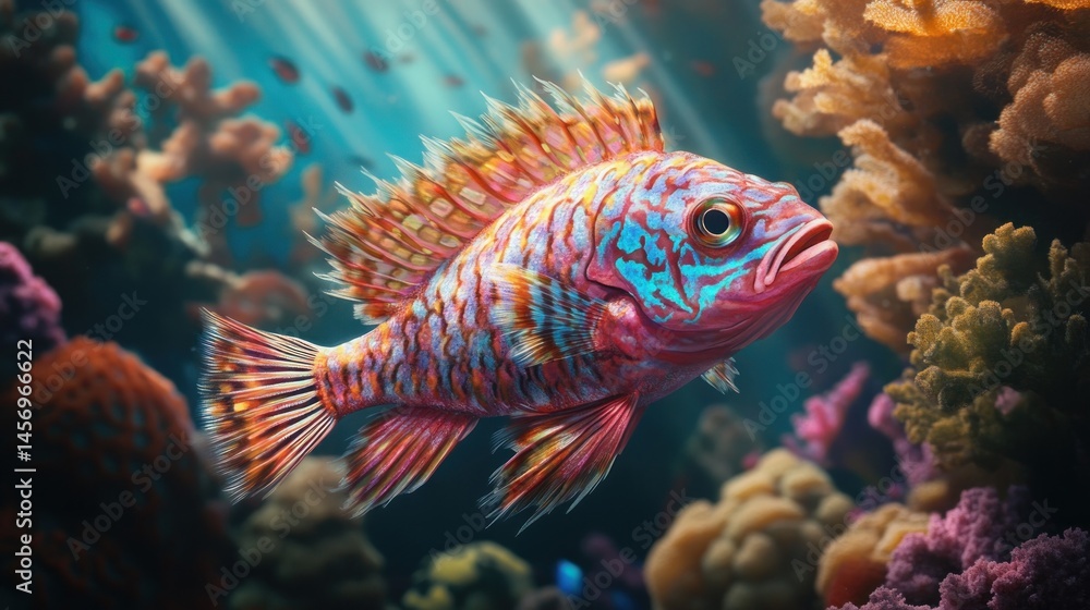 Vibrant coral reef fish. Detailed view of a colorful fish swimming amidst vibrant coral formations. Sunbeams highlight the scene Vibrant coral reef fish. Detailed view of a colorful fish swimming amidst vibrant coral formations. Sunbeams highlight the scene