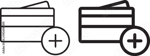 Credit card icon, plus sign, simple line drawing, minimalist design, financial symbol, add payment method, black and white illustration, banking icon, e-commerce graphic, vector