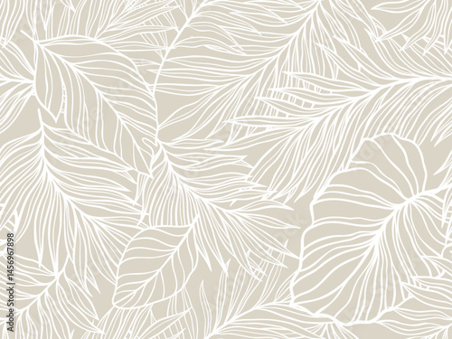 Vector Illustration Background Featuring Abstract Pattern of Tropical Leaves in White on a Neutral Beige Palette, Evoking a Modern Decorative Aesthetic for Design or Artistic Applications