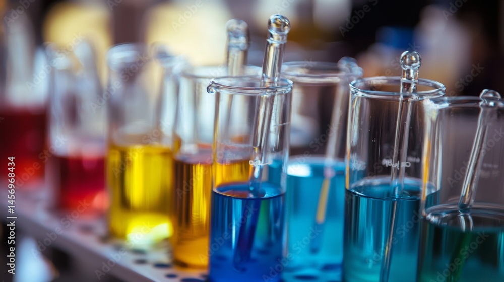 Colorful test tubes filled with liquids in bright science laboratory environment Colorful test tubes filled with liquids in bright science laboratory environment