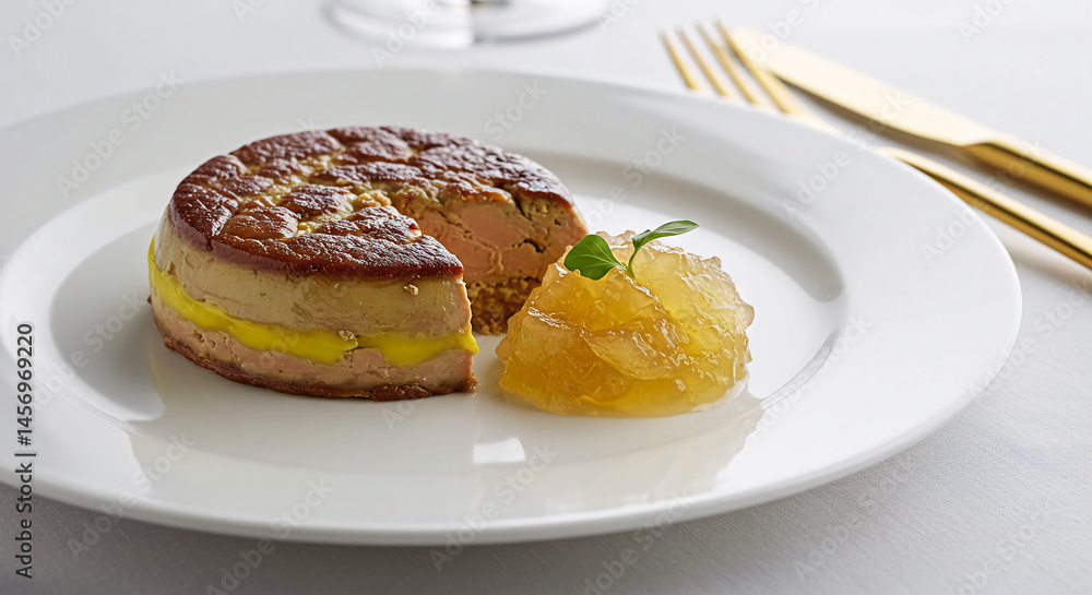 Close-up of foie gras torchon with apple gelée, plated in minimalist style on white linen with golden cutlery
Close-up of foie gras torchon with apple gelée, plated in minimalist style on white linen with golden cutlery