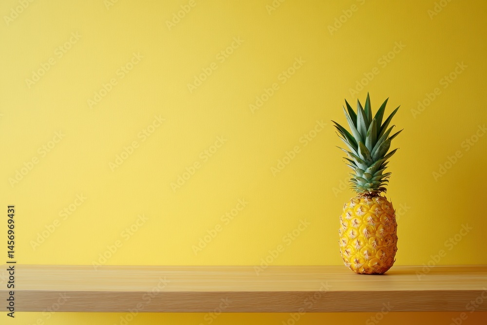 A single pineapple sits on a light-colored wooden shelf against a vibrant yellow backdrop. The pineapple is a bright yellow, with its spiky green top A single pineapple sits on a light-colored wooden shelf against a vibrant yellow backdrop. The pineapple is a bright yellow, with its spiky green top