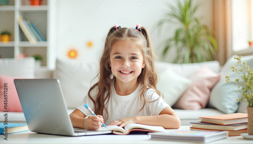 A girl is sitting at a table with a laptop and books, studying A girl is sitting at a table with a laptop and books, studying