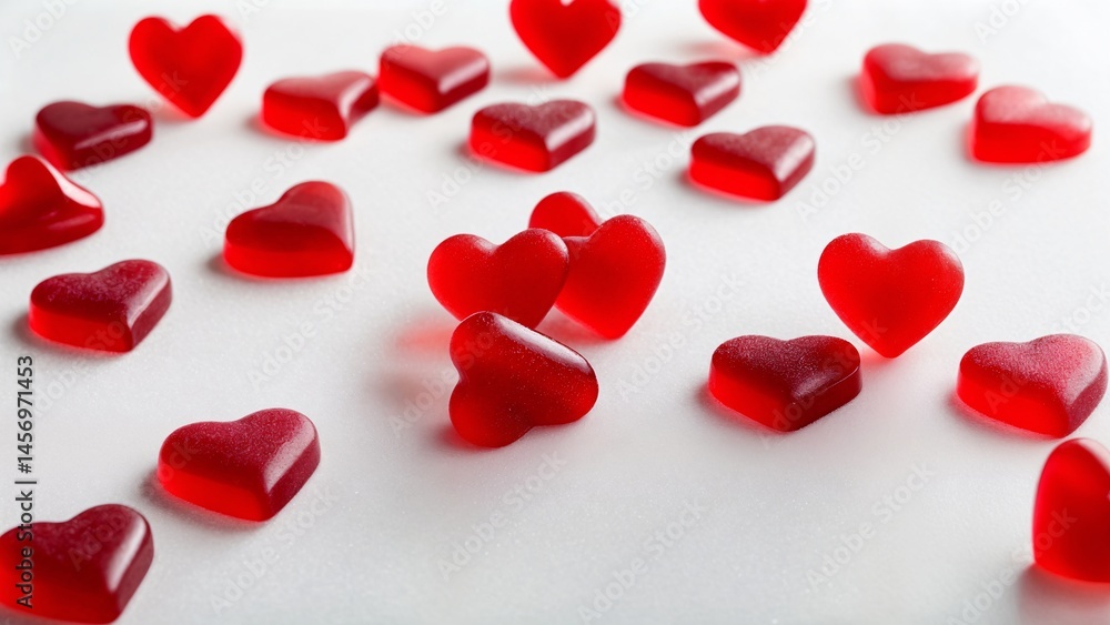 A bunch of red heart shaped gummy bears on a white surface. A bunch of red heart shaped gummy bears on a white surface.