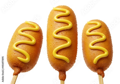 Three corn dogs on sticks with mustard coating
