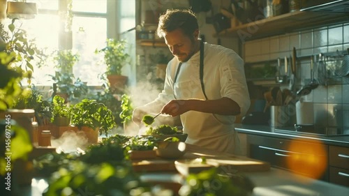 Chef preparing fresh herbs in sunny kitchen