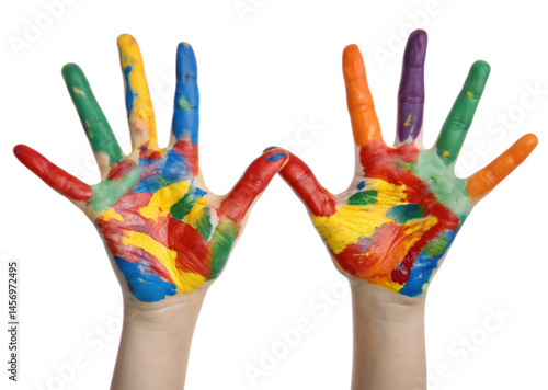 Paint covered hands with bright abstract colors